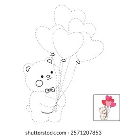 Doodle bear with heart balloons valentine day clipart vector. Bear with heart balloons coloring pages printable for valentine theme. Trace and color bear. Valentine cute elements for card, sticker.