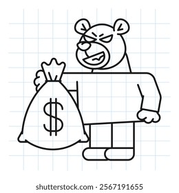 Doodle bear holds bag of money and smiles. Vector Illustration