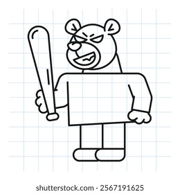 Doodle bear holds baseball bat and smiles. Vector Illustration