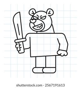 Doodle bear holds machete and smiles. Vector Illustration