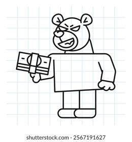 Doodle bear holds wad money and smiles. Vector Illustration
