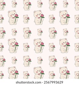 Doodle Bear with pink rose flower valentine day seamless pattern. Bear with pink rose for valentine day theme. Valentine day seamless pattern printable. Cute bear valentine seamless pattern.