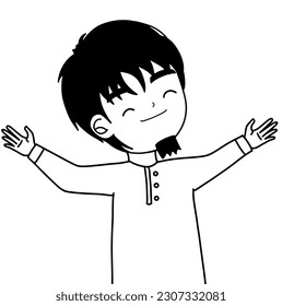 doodle beard man show big hug, line drawing muslim man gives hug, guy with hug