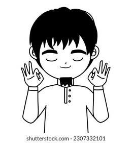 doodle beard man shows ok sign , line drawing muslim man show ok pose , guy with ok sign