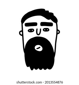 Doodle bearded face. Hand-drawn outline human isolated on white background. Funny minimalistic Avatar. Cartoon neat man. Male cute portrait. Hairstyle, mustaches, beard, brow. Vector illustration