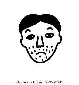 Doodle bearded face. Hand-drawn outline human isolated on white background. Funny thin sad face Avatar. Cartoon young man. Male cute portrait. Hairstyle, stubble, brow. Vector character illustration
