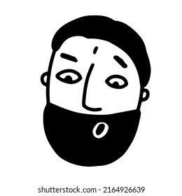 Doodle bearded face. Hand-drawn outline human in shock isolated on white background. Funny Avatar. Cartoon surprised man. Male cute portrait. Hairstyle, mustaches, beard, brow. Vector illustration