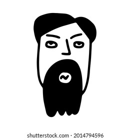 Doodle bearded Man face. Hand-drawn outline human isolated on white background. Funny pensive Avatar. Cartoon neat man. Male cute portrait. Hairstyle, mustaches, beard, brow. Vector illustration