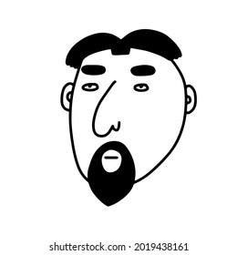 Doodle bearded Man face. Hand-drawn outline human isolated on white background. Funny pensive Avatar. Cartoon neat man. Male cute portrait. Hairstyle, mustaches, beard, brow, bang. Vector illustration