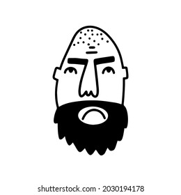 Doodle bearded Man face. Hand-drawn outline human isolated on white background. Funny gloomy Avatar. Cartoon bold man. Male cute portrait. Hairstyle, mustaches, beard, brow. Vector sketch illustration