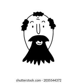 Doodle bearded Man face. Hand-drawn outline human isolated on white background. Smiling Avatar. Cartoon bold man. Male cute portrait. Wrinkles, mustaches, beard, calvity. Vector sketch illustration