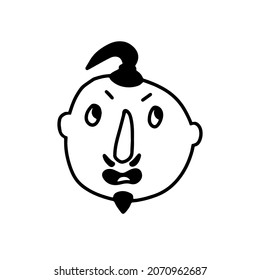 Doodle bearded man. Hand-drawn outline surprised human isolated on white background. Funny evil face Avatar. Male cute portrait. Hairstyle, mustaches, beard, bald head, tail. Vector illustration