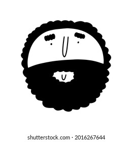 Doodle bearded round face. Hand-drawn outline human isolated on white background. Fun Avatar. Cartoon kind curly smiling man. Male cute portrait. Hairstyle, mustaches, beard, brow. Vector illustration