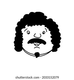 Cara redonda con carenado de garabato. Esbozo dibujado a mano humano sobre fondo blanco. Avatar divertido. Caricatura amable y ridículamente sonriente. Rasgo lindo masculino. Estilo del cabello, bigotes, barba, barbilla doble. Ilustración del vector