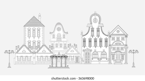 Doodle of beautiful city with very detailed and ornate town houses, trees and lanterns. City background