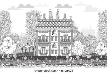 Doodle of beautiful city with very detailed and ornate town houses, gardens,  trees and lanterns. City background
