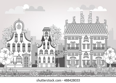 Doodle of beautiful city with very detailed and ornate town houses, gardens,  trees and lanterns. City background