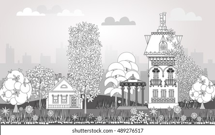 Doodle of beautiful city with very detailed and ornate town houses, gardens,  trees and lanterns. City background