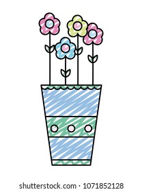 doodle beautiful flowers with leaves and petals inside plantpot