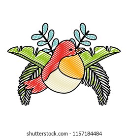 doodle beauty bird with tropical leaves plants