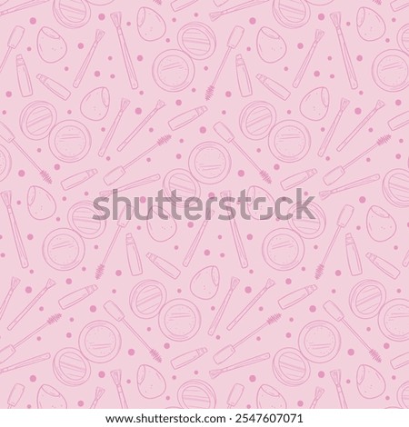 Doodle beauty make up seamless background. Banner with hand drawn cosmetics elements. Brush, nail polish, foundation, perfume, eye shadow, mascara, mirror, cream, lipstick. Outline vector pattern