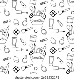 Doodle beauty make up seamless pattern. Vector graphic line illustration. Black and white cosmetic makeup art Banner, poster, wrapping paper, sticker, print, modern textile design.
