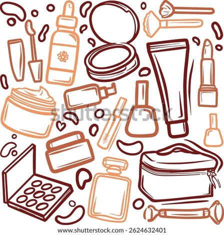 Doodle beauty make up seamless pattern Background with hand drawn, Hand drawn beauty elements set,  Doodle MakeUp icons Line Art Vector Illustration