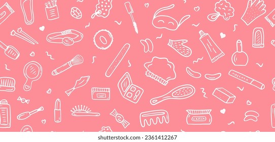 Patrón sin fisuras de belleza Doodle. Fondo de maquillaje. Blanco sobre el icono cosmético del Vector de rosa. Ilustración dibujada a mano para moda, spa, belleza, bloggers, salón