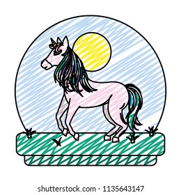 doodle beauty unicorn with horn and hairstyle in the landscape