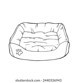 Doodle bed for a dog or cat. Accessories for pets drawn by lines. An element from a set of doodles drawn by hand. Isolated illustration on a white background. Pet bed