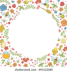 Doodle bee and flowers. Spring concept card. Summer floral background in vector