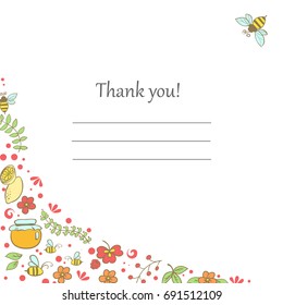 Doodle bee and flowers. Spring concept card. Summer floral background in vector