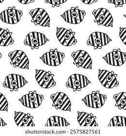 Doodle bee. Kids seamless pattern by freehand. Black and white contrast repeating print. Multidirectional ornament for fabric design, covers, wallpapers, backdrops. Cute good childish insect bee.