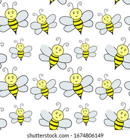 Doodle bee seamless pattern isolated on white. Outline kids hand drawing art. Sketch vector stock illustration