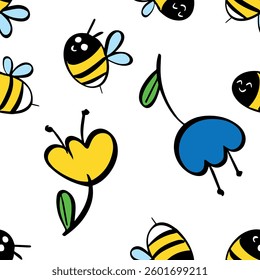 doodle bee seamless pattern kids. Vector illustration