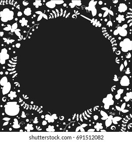 Doodle bee silhouette circle banner. Summer floral background in vector