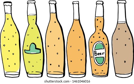 doodle beer  and alcohol botle set. vector hand drown illustration