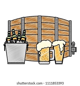 doodle beer barrel with bottles and glass beverage
