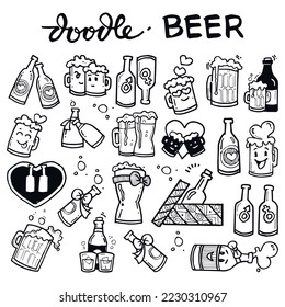 doodle beer, beer bottel and mug. beer elements doodle set  vector illustration. isolated on white background