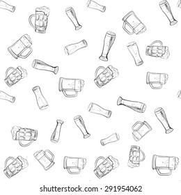 doodle beer glasses pattern, hand drawings, white background