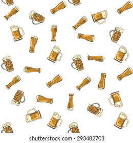 doodle beer glasses pattern, hand drawings, white background