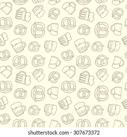 Doodle beer glasses and  pretzel seamless pattern. Oktoberfest background.