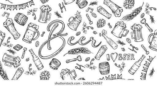 Doodle beer  horizontal banner. Hand drawn pub elements. vector illustration