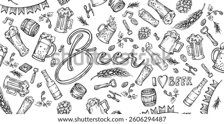 Doodle beer  horizontal banner. Hand drawn pub elements. vector illustration