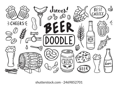 Doodle beer outline set. Hand drawn pub elements. Vector illustration