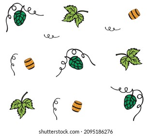 doodle beer pattern with beer barrel and hops