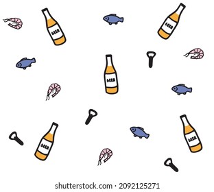 doodle beer pattern bottle,shrimp,bottle opener and fish