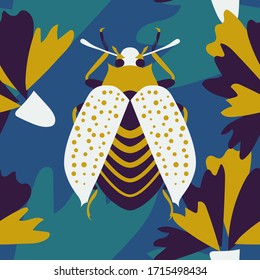 Doodle beetle in flowers. Vector illustration with insect and plants. Seamless pattern for wallpaper, wrapping, postcards, covers, background. Nature, flowers, living creature