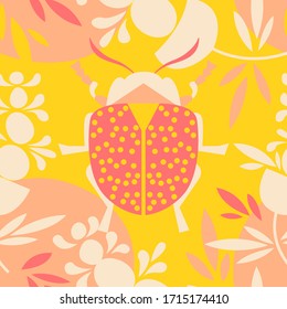 Doodle beetle in the grass. Vector illustration with insect and plants. Seamless pattern for wallpaper, wrapping, postcards, covers. Nature, flowers, living creature