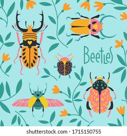 Doodle beetles in the grass. Vector illustration with insects and plants. Seamless pattern with lettering for wallpaper, wrapping, postcards, covers. Nature, flowers and berries, living creatures